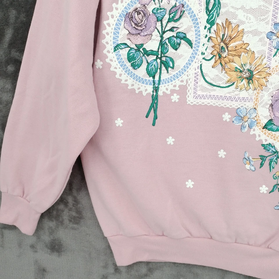 Land 'N Sea Sweatshirt Granny Collared Floral Pink Acrylic USA Made Small Vtg - Image 4 of 4