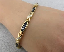 10Ct Baguette Cut Blue Sapphire & Diamond Tennis Bracelet 14K Yellow Gold Plated