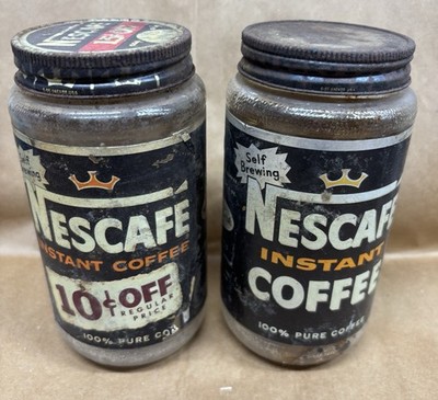 Two Vintage Nescafé Instant Coffee Glass Jars with Metal Lid & Paper Label USA