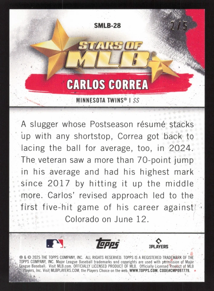 2025 Topps Stars of MLB Red Foilboard Carlos Correa #SMLB-28  /5 - Twins - Image 2 of 2