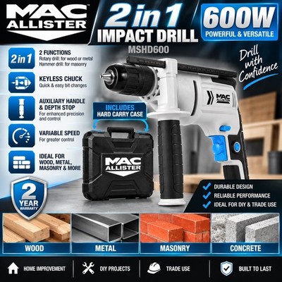 Mac Allister MSHD600 600W 2-in-1 Schlagbohrmaschine Akkubohrhammer mit Tragetasche