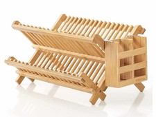 Dish Rack, Bamboo Folding 2-Tier Collapsible Drainer Dish Drying Rack with...