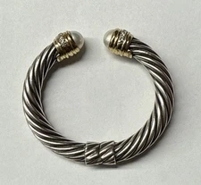 David Yurman Sterling & 18K Gold Hinged Cable Cuff Bracelet Diamonds & Pearls