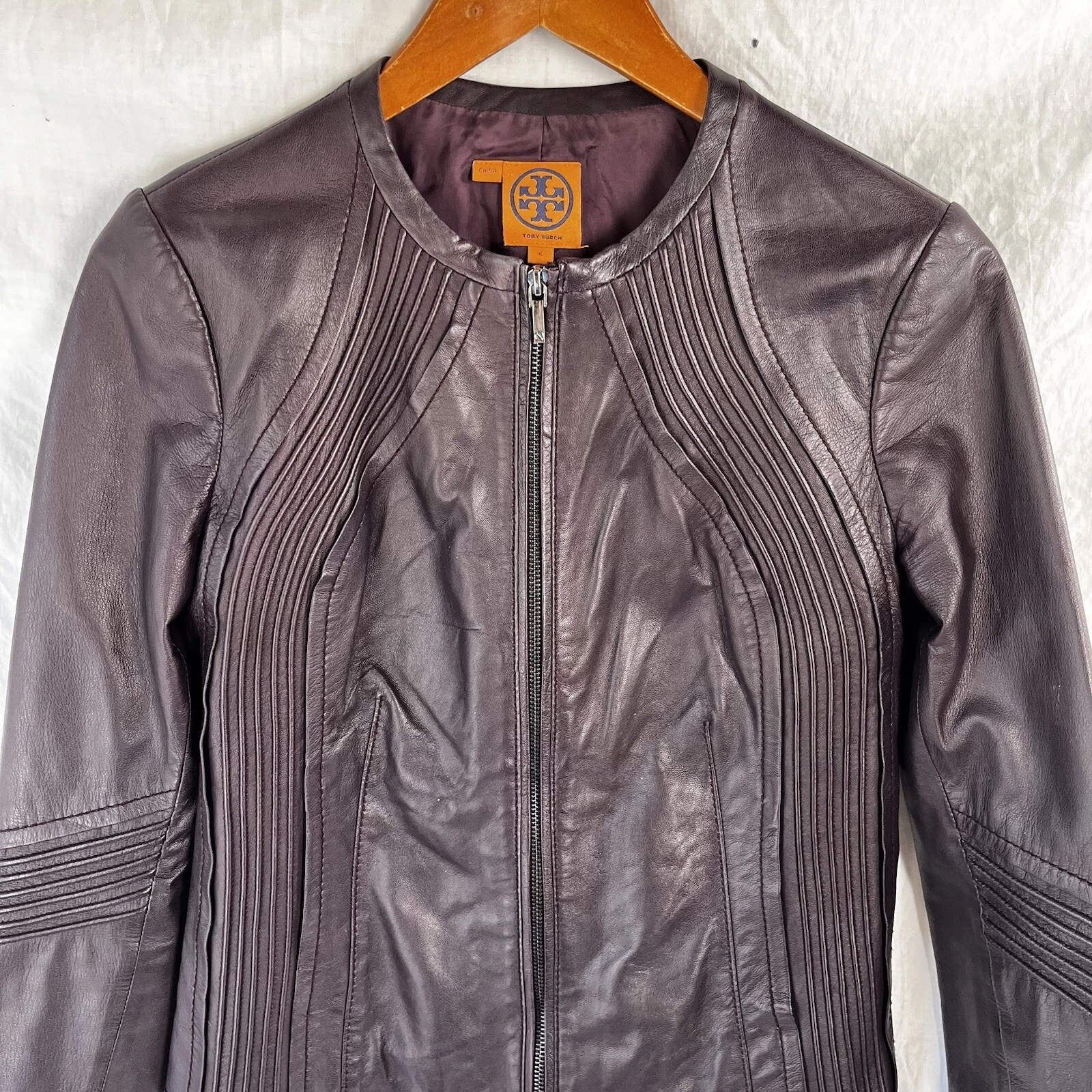 Giacca di pelle Tory Burch donna taglia 6 sangue di bue bordeaux zip cropped cappotto moto