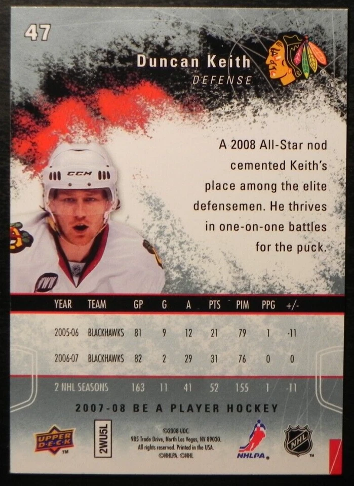 2007-08 07/08 Upper Deck Be a Player #47 Duncan Keith Chicago Blackhawks - Image 2 of 2