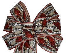 Cardinal Wired Wreath Bow - Handmade 10" across - Christmas Bird Red Birch