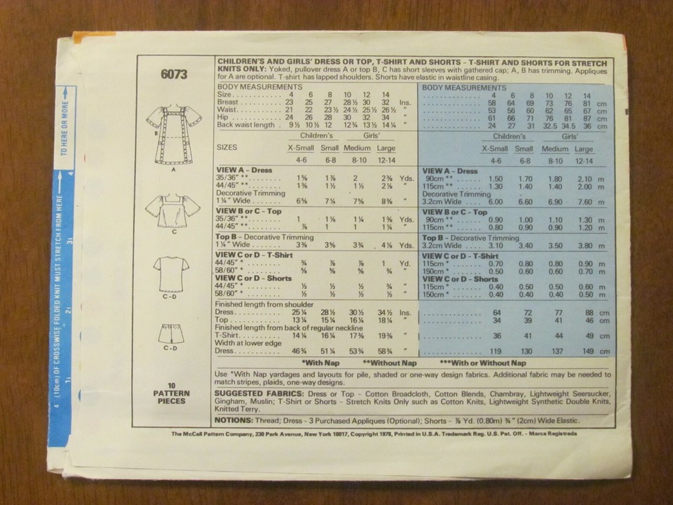 McCALL'S PATTERN - 6073 GIRL'S SQUARE NECK DRESS TOP SHORTS SWING 8-10 ...