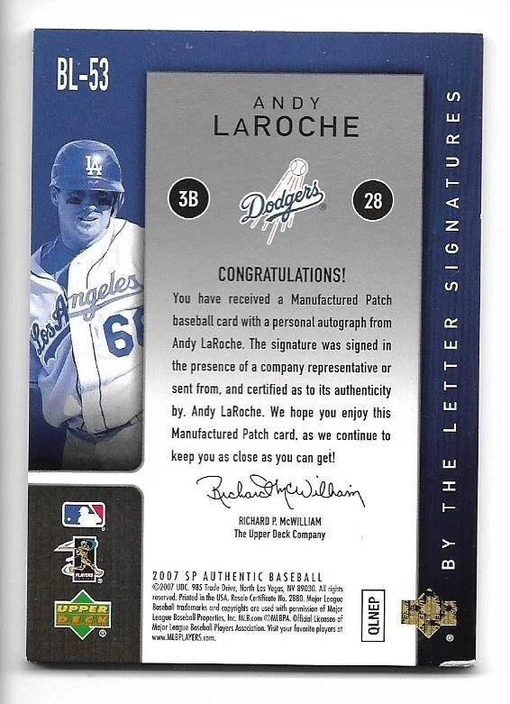 Andy LaRoche 2007 SP Authentic By The Letter Signatures Auto #BL-53 #/75 Dodgers - Image 2 of 2