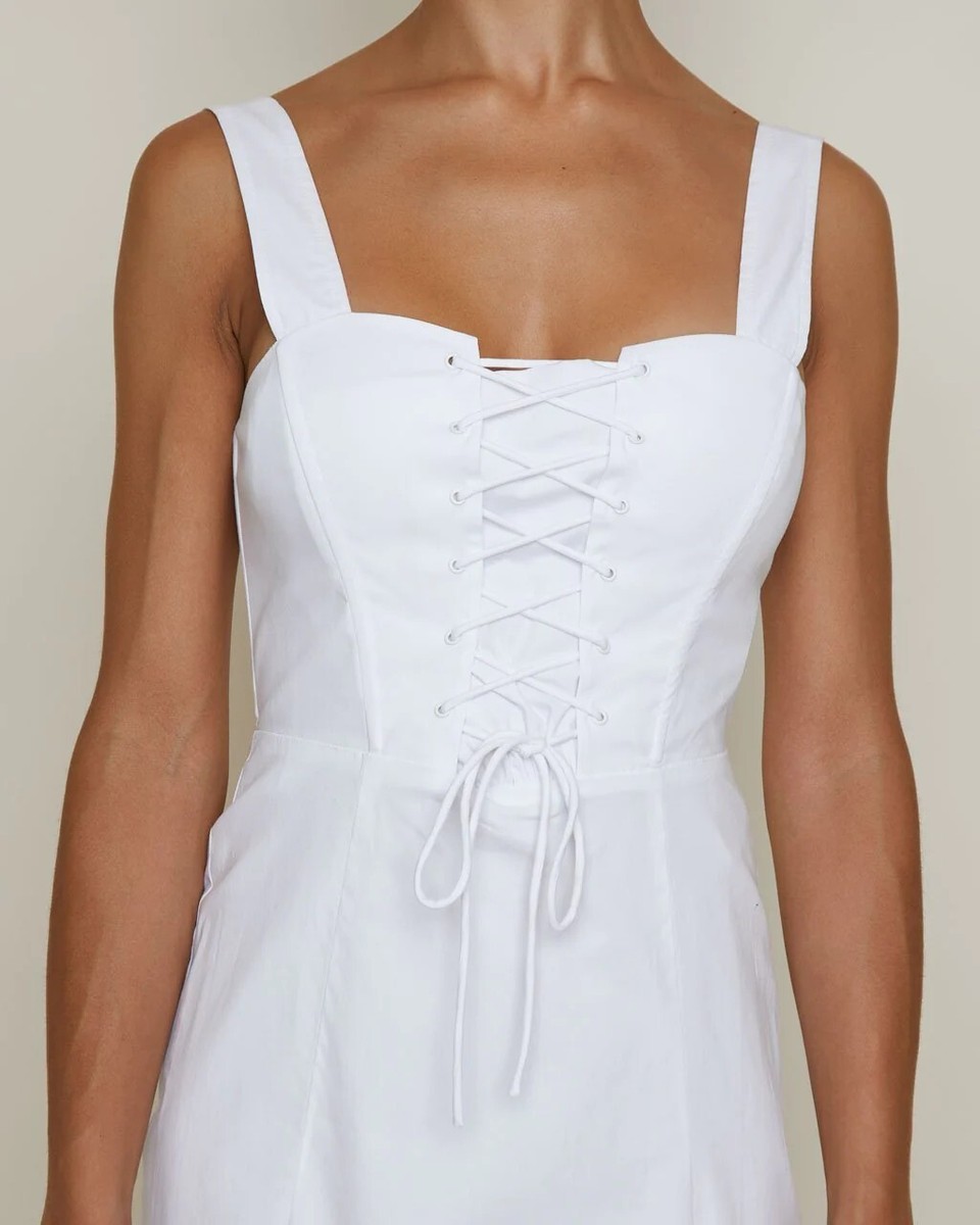 【関税込み】Staud ホワイト Sutton ミニワンピース NWT STAUD White Sutton Lace-Up Midi Corset Dress Sz 8 MSRP