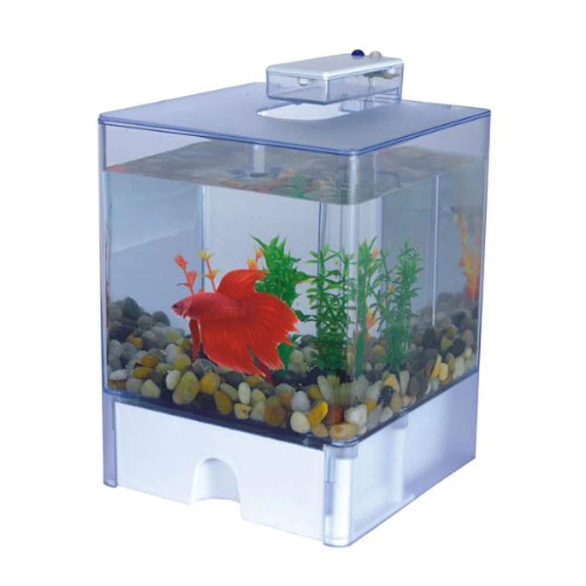 Portable Desktop Deco 3L Aquarium Fish Tank Betta Cube Bowl w/LED Light &  Gravel