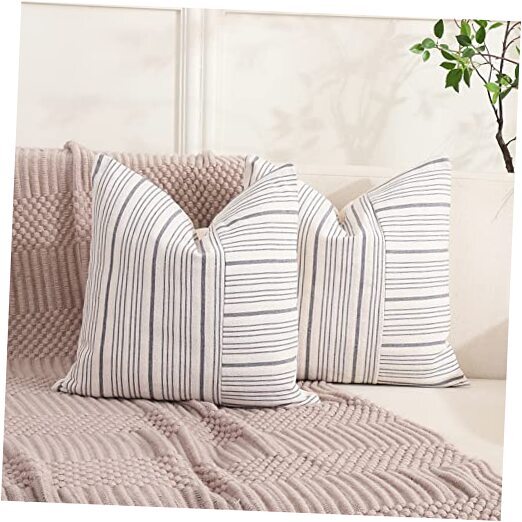 Farmhouse Decor Neutral Pillow Covers Set of 2 Gray Striped 20x20 Grey