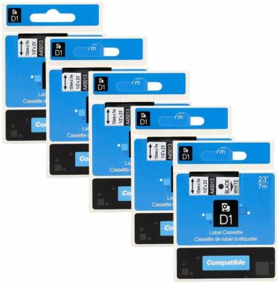 5PK For Dymo D1 Black on White S0720530 Label Tape Cassette 45013 1/2'' 12mm 160