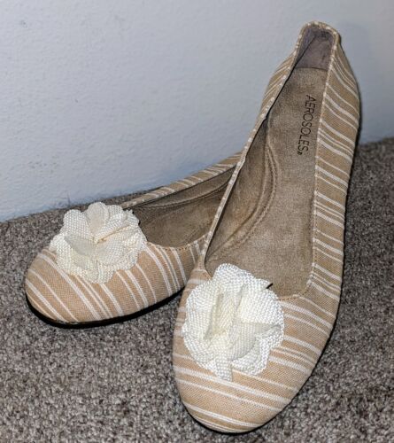 AEROSOLES 11 M Flats Shoes Tan Stripe Flower Beccentric LINEN Ballet NEW