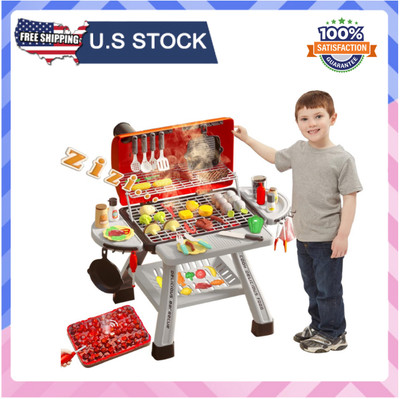 Barbecue Grill Toy Set, Kids BBQ Kitchen Playset with Smoke Sound Light Simul...