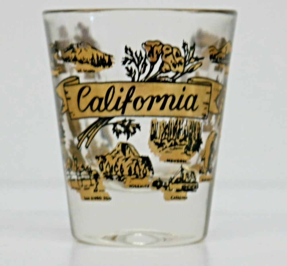 Golden California Shot Glass with Golden Banner, Flowers & Attractions