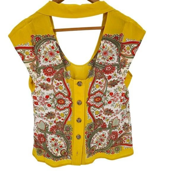Maeve Anthropologie Top Silk V-Neck Open Button Back Yellow Boho Summer Size 4 - Image 2 of 4