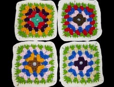 Handmade Crochet Granny Squares Multicolor Acrylic Yarn Lot of 4