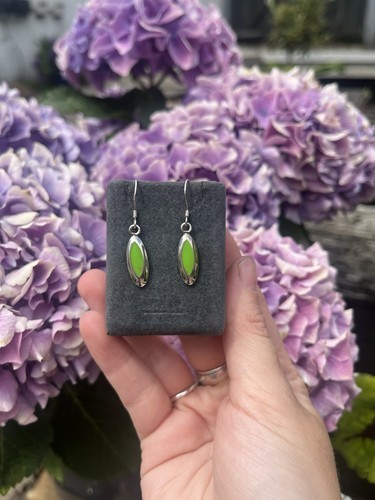 925 Sterling Silver Long Oval Green Stone Set Dangle Earrings (3.5cm) - Picture 4 of 7
