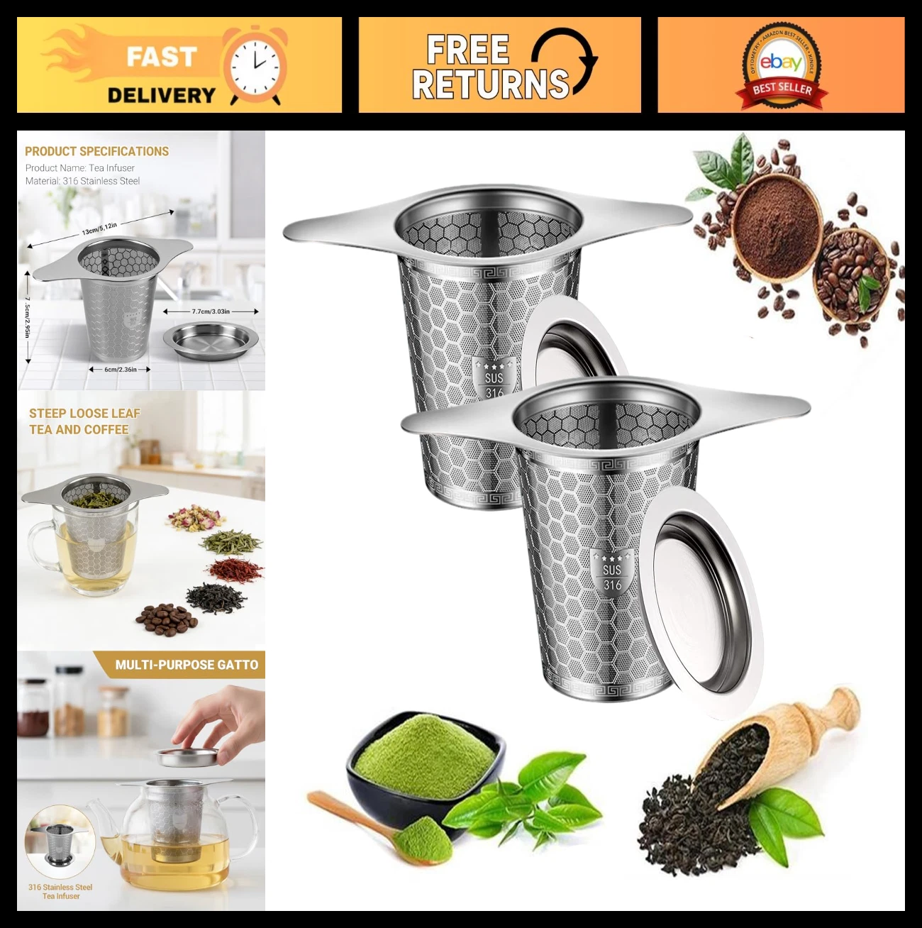 2 Packs Extra Fine Mesh Tea Strainer - Stainless Steel Infuser with Wide Rim Han
