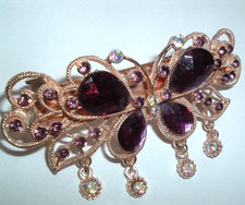PURPLE RHINESTONE BEADED COPPER BUTTERFLY 3" HAIR BARRETTE NWT