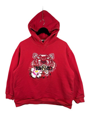 KENZO Red Embroidered Tiger Flower Hoodie w Pockets, Women's Sz M/L