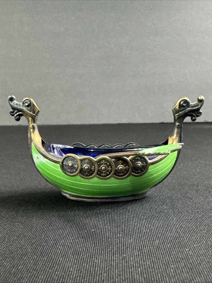 David Andersen Стерлинговый Корабль Викингов Соляной Погреб Зеленая Эмаль с Ложкой - Норвегия - Изображение 3 из 4