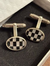 Sterling silver 925, onyx & mother of pearl chequerboard / ska oval cufflinks. 