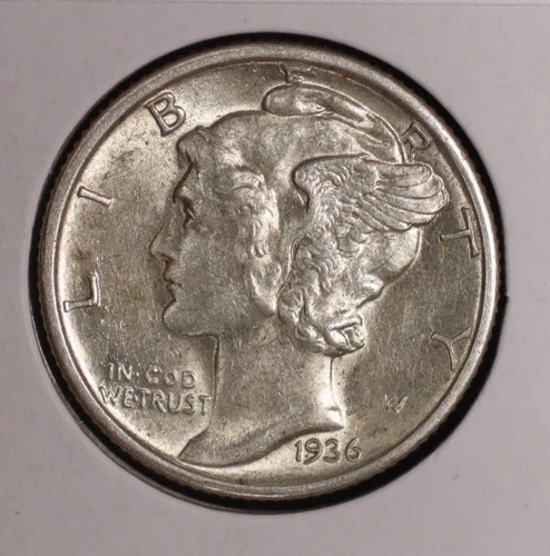 Mercury Silver Dime. 1936 P. About Uncirculated. Lot # 9061-5-02