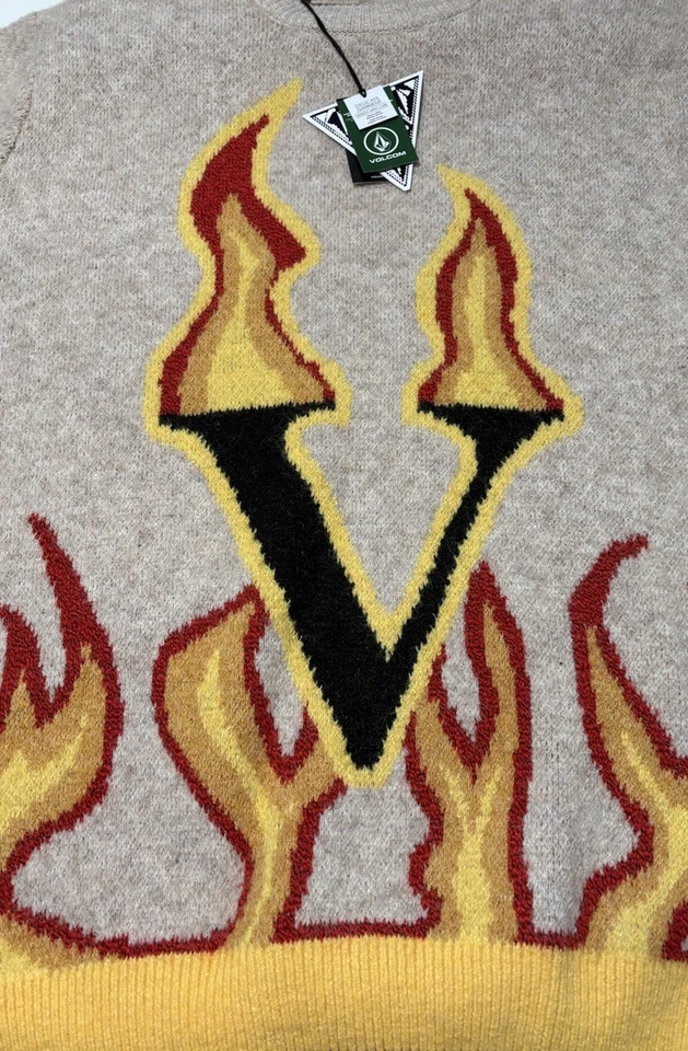 NWT Men’s Large Volcom Fergadelic Crew Neck Sweater Dirty White Colour W/flames - Image 2 of 4