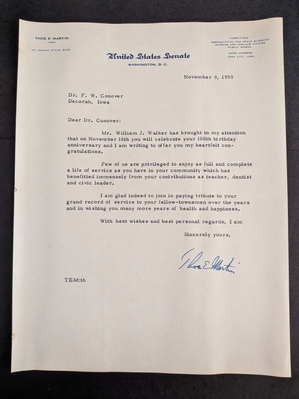 Thomas E. Martin (d. 1971) Signed 1959 Letter - Iowa Representative - Congress