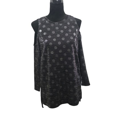 Nally & Millie Women Black Silver Metallic Polka Dot Cold Shoulder Top Sz M B2