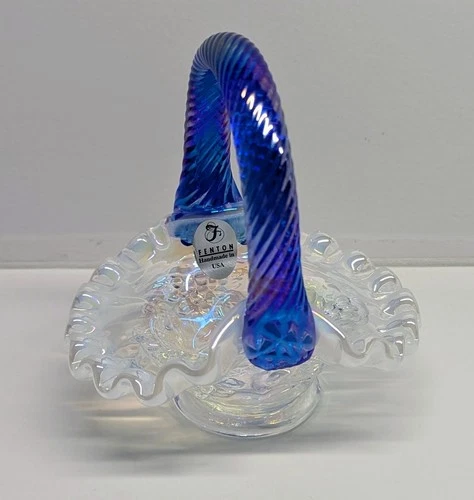 Fenton Glass French Opalescent Iridescent Mini Basket Cobalt Blue Twist Handle