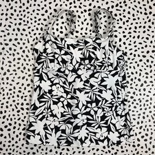 Lands End Black White Havana Floral Square Neck Tankini SWIM TOP Reg. 8 522608