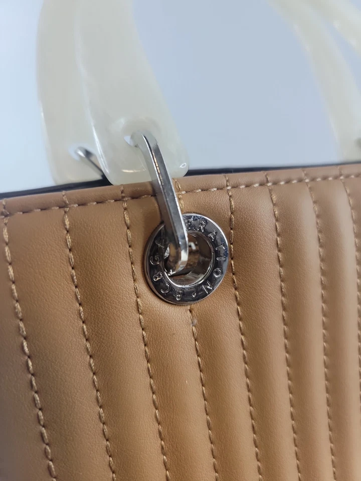 BCBG Generation Adriana Quilted Micro Satchel Purse Tan Lucite Handles - Image 4 of 4