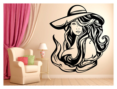SEXY LADY WEARING HAT BEAUTY HAIR SALON SPA ROOM WALL VINYL DECAL MURAL 22X25in