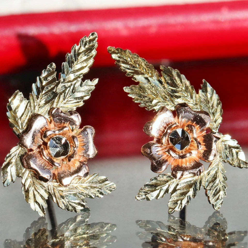 14k 多色金色耳环钻石切割玫瑰花耳钉 2.3 克 Fortunoff N2760J — 第 2/4 张图片