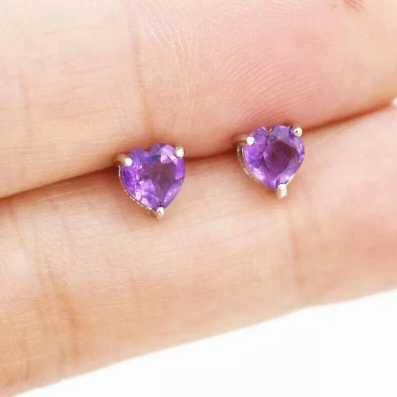 2CT Heart Lab Created Amethyst Diamond Women Stud Earrings 14K White Gold Plated - Image 2 of 4