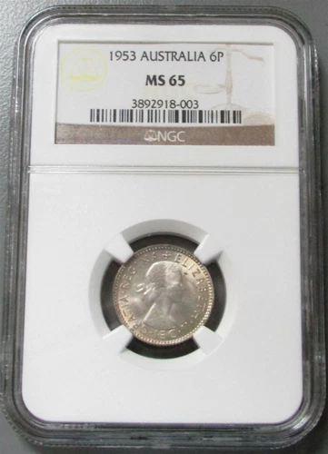 1953 SILVER AUSTRALIA 6 PENCE COIN NGC MINT STATE 65