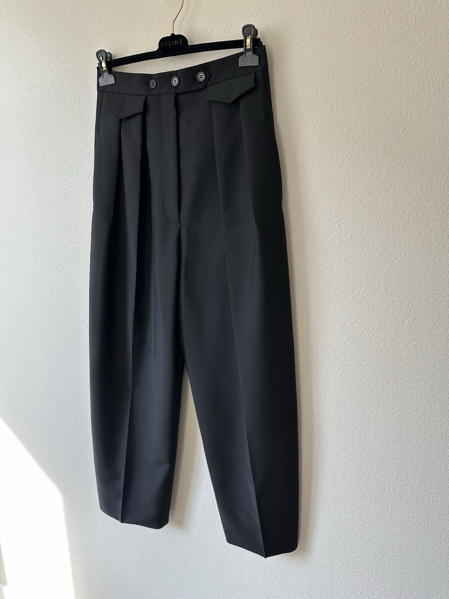 【関税・送料込み】Celine Button Pleated Wool Pants Celine Wide Leg Wool Trousers Pleated Pants 38 Black Fall