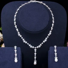 White Gold Plated Flower CZ Long Pearl Dangle Drop Necklace Earrings Jewelry Set