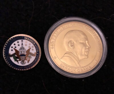 OBAMA 2009 INAUGURATION PIN  + CHALLENGE COIN GOLD METAL PRESIDENT DEMOCRAT RARE