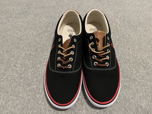 Polo Ralph Lauren Keaton Pony Shoes Black Canvas Leather Mens Size 12 New - Picture 2 of 8
