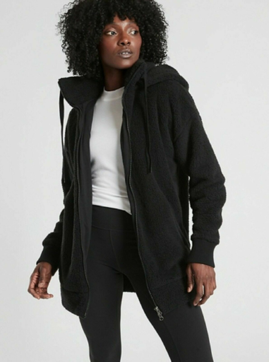 ATHLETA Tugga $168 Long Sherpa Jacket,Black SIZE S #500915 N1222