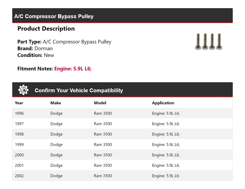 Para Dodge Ram 3500 1996-2002 5,9 L L6 Dorman aire acondicionado compresor polea de derivación 1997 Foto 2 de 4
