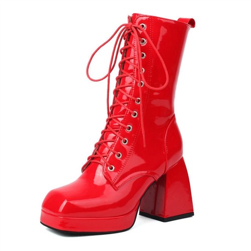 Women's Square Toe Ankle Boots Platform Chunky Heel Lace Up Fashion Dress Shoes - Picture 15 of 16