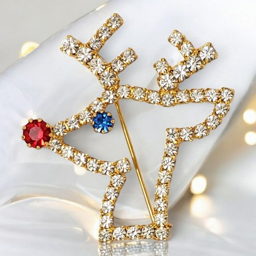 Vintage Rudolph The Red Nosed Reindeer Crystal Outline Gold Tone Holiday Brooch - Picture 1 of 5
