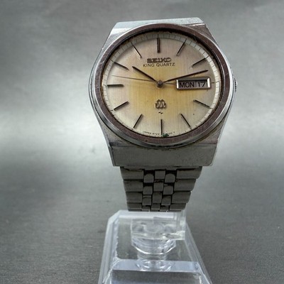 Seiko King Quartz Watch Men 35mm Silver Dial Steel Daydate 9723