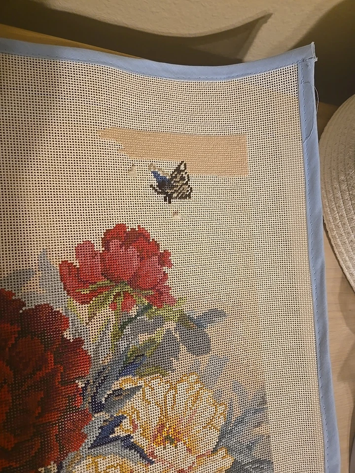 Lucy Wang Peony Butterflies Needlepoint 15.75" X 15.75 Painted Partially Started - Image 3 of 4