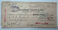 USA Goldman Sachs & Co. Original Check New York 1924 $900