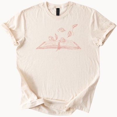 Open Book With Leaves Graphic Tee Literary Aesthetic Sketch Art Shirt